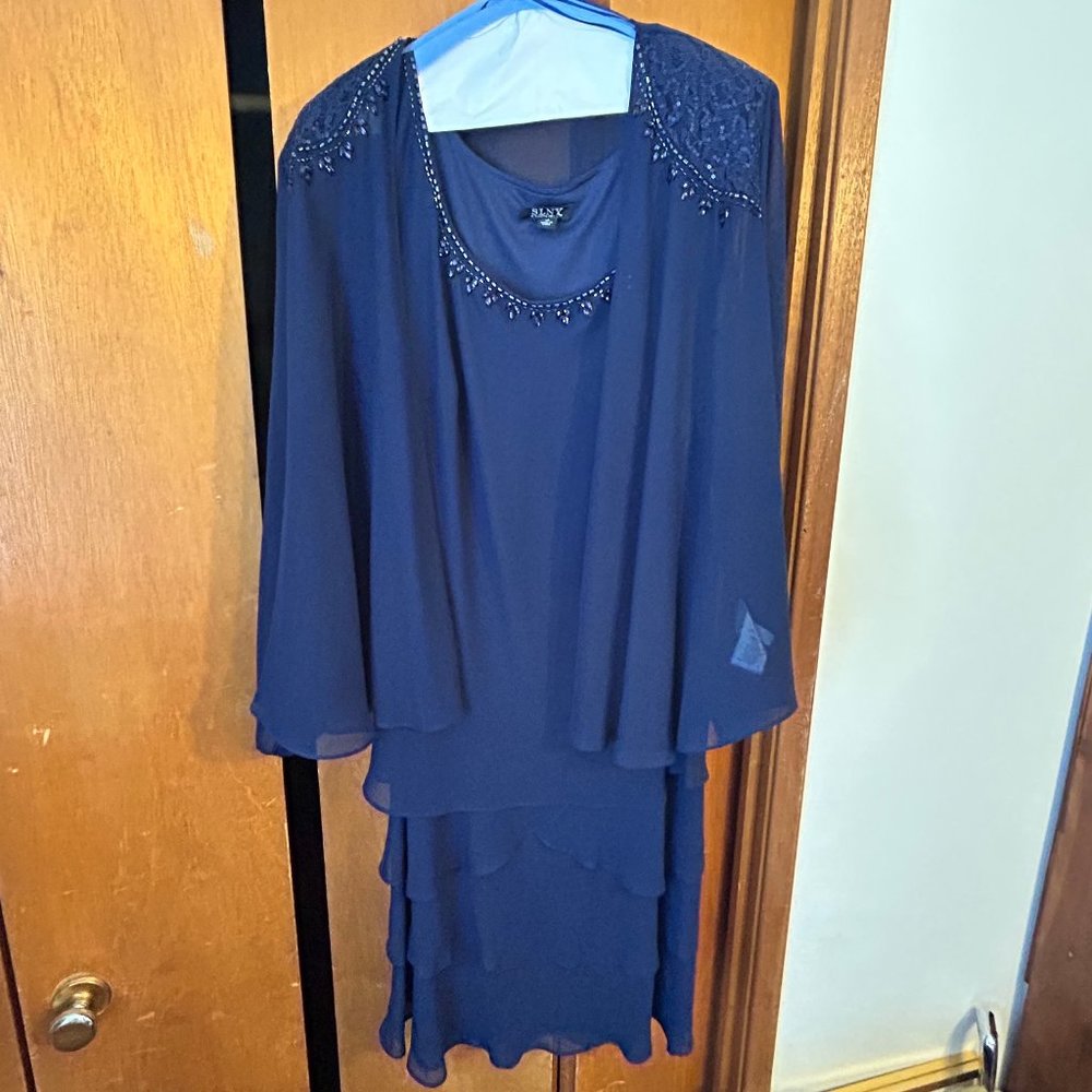 SLNY Women's Navy Embellished 2 Piece Midi Layered Evening Dress Size 14